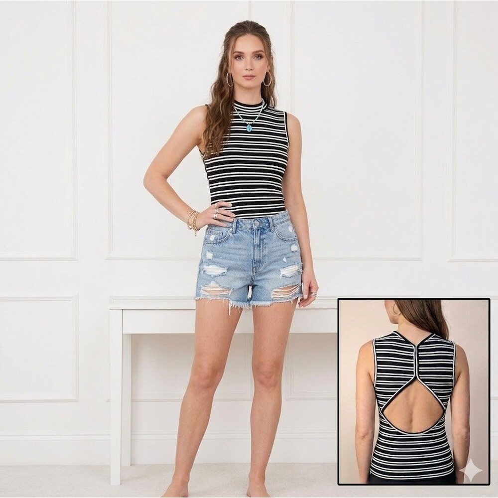 Wild Fable Striped Sleeveless Shirt XS Black White Backless Whimsigoth Y2K